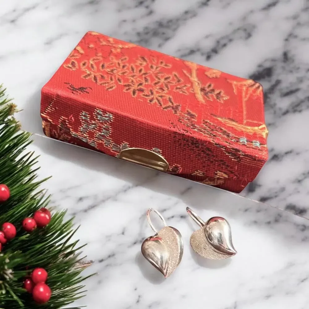 Vintage Sterling Silver Puffy Heart Drop Earrings - Thailand